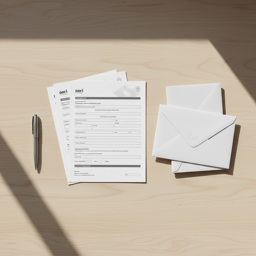 image of two sheets of paper on a desk, lying next to some letters