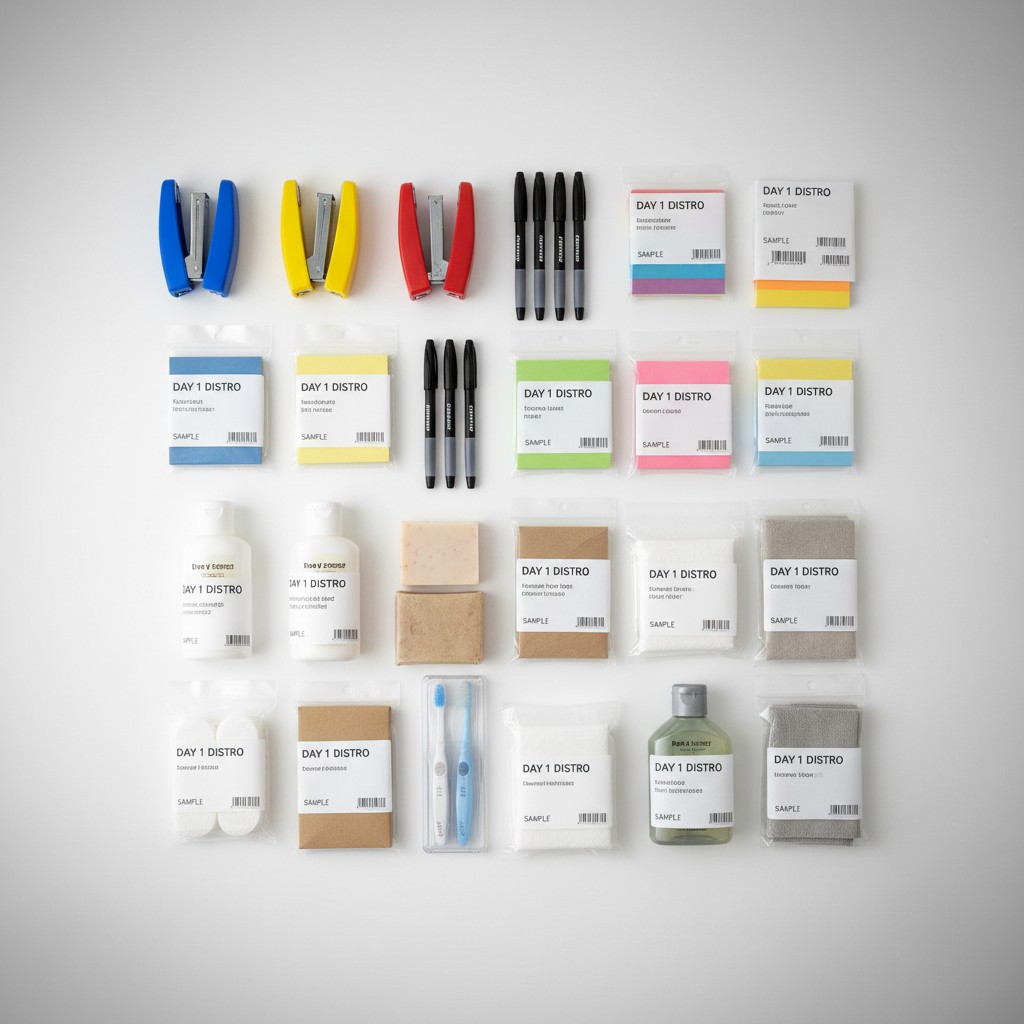 Multiple industrial supplies such as toothbrushes, color swatches, sprays, and more, are arranged loosely in groups of lik...