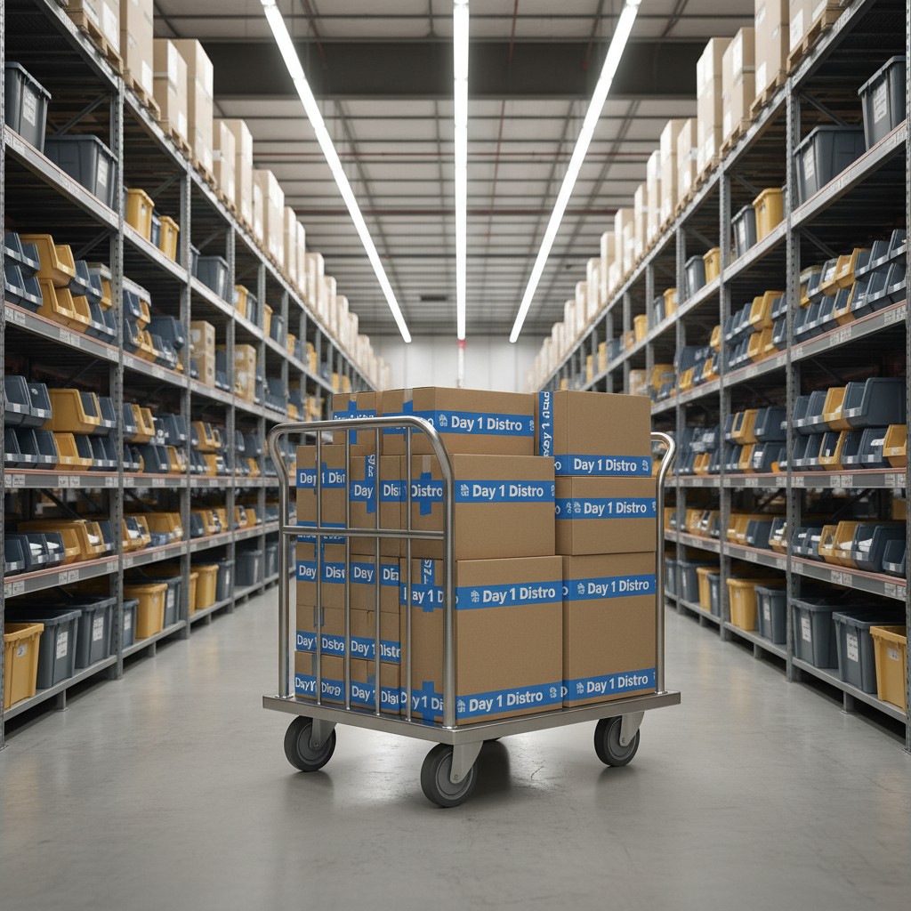 Wide aisle of industrial storage shelves, holding packages and boxes, with a large cart of packages centered in the foregr...