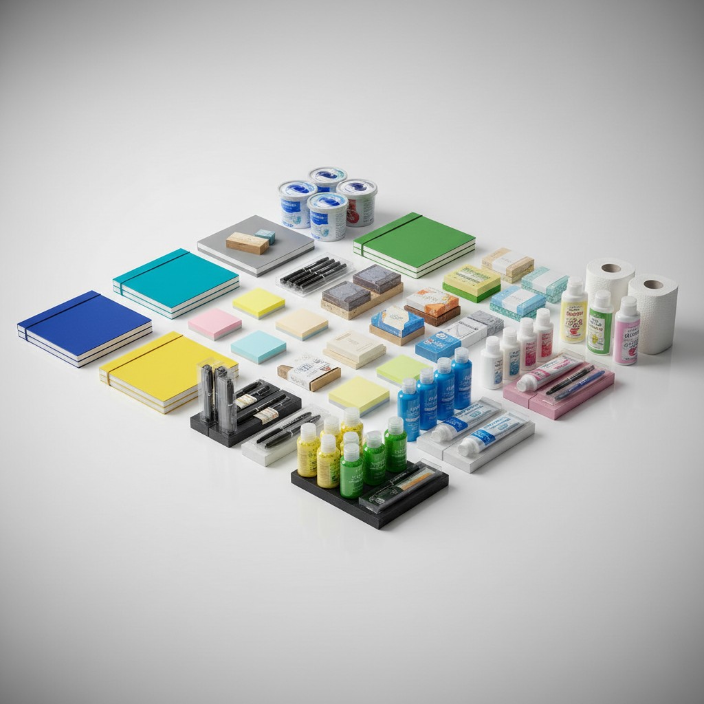 A variety of stationery and office supplies, including journals, sticky notes, markers, hand sanitizers, and more.