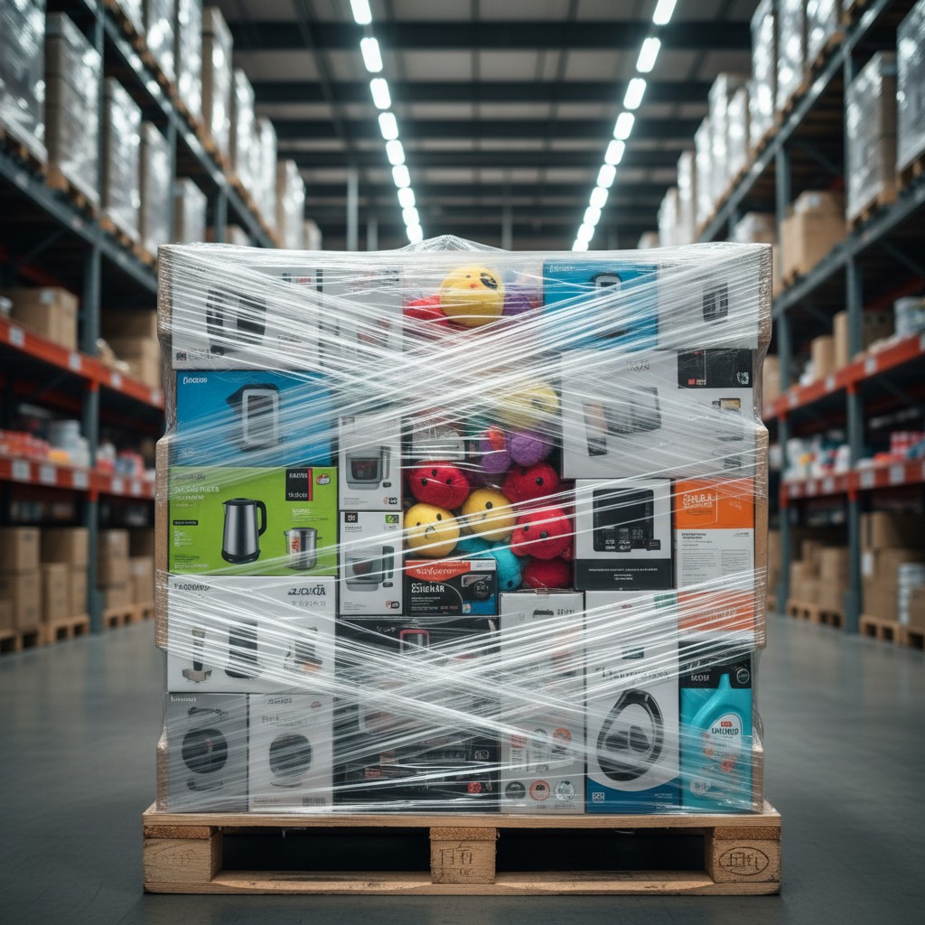 Warehouse aisle with electronic appliances and rubber toys wrapped in plastic on a pallet.