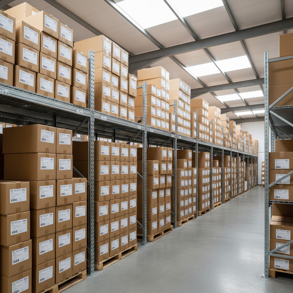 Rows of cardboard boxes stacked on corrugated pallets with alternative stacking shelves. These are storehouse or shipping ...