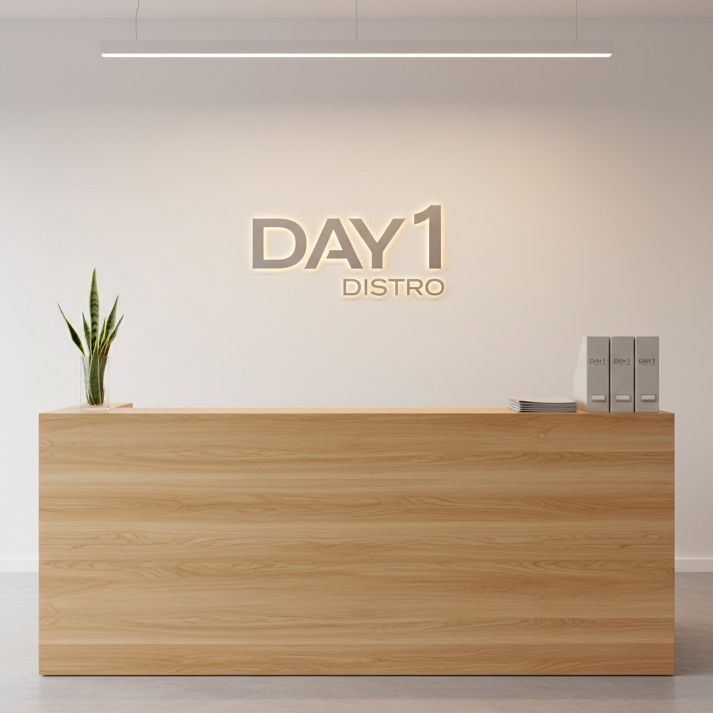 A minimalist office setup with a light wood reception desk, modern light fixture, and light background, featuring a snake ...